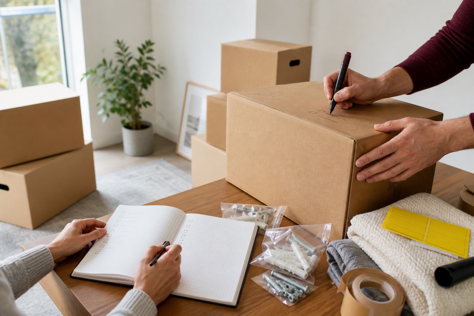 A carefully prepared moving checklist with a floor plan, packing materials and labelled boxes.