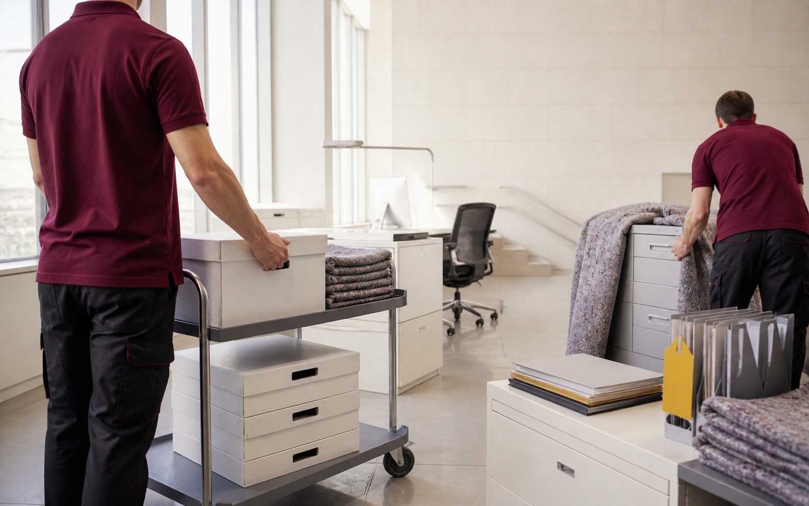 Office furniture and equipment are prepared for a public-sector move.