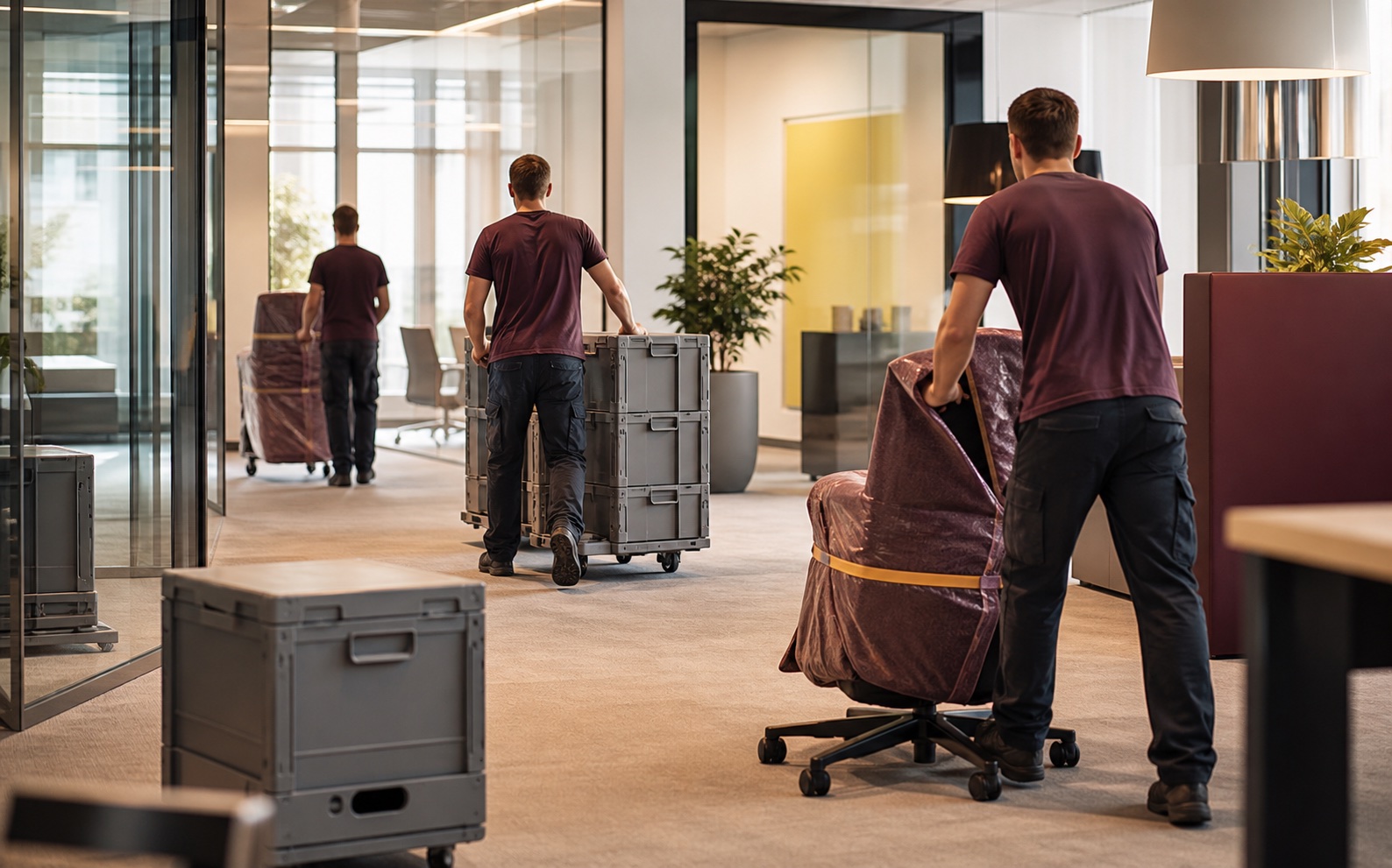 A professional moving team transports protected office equipment through modern business premises.
