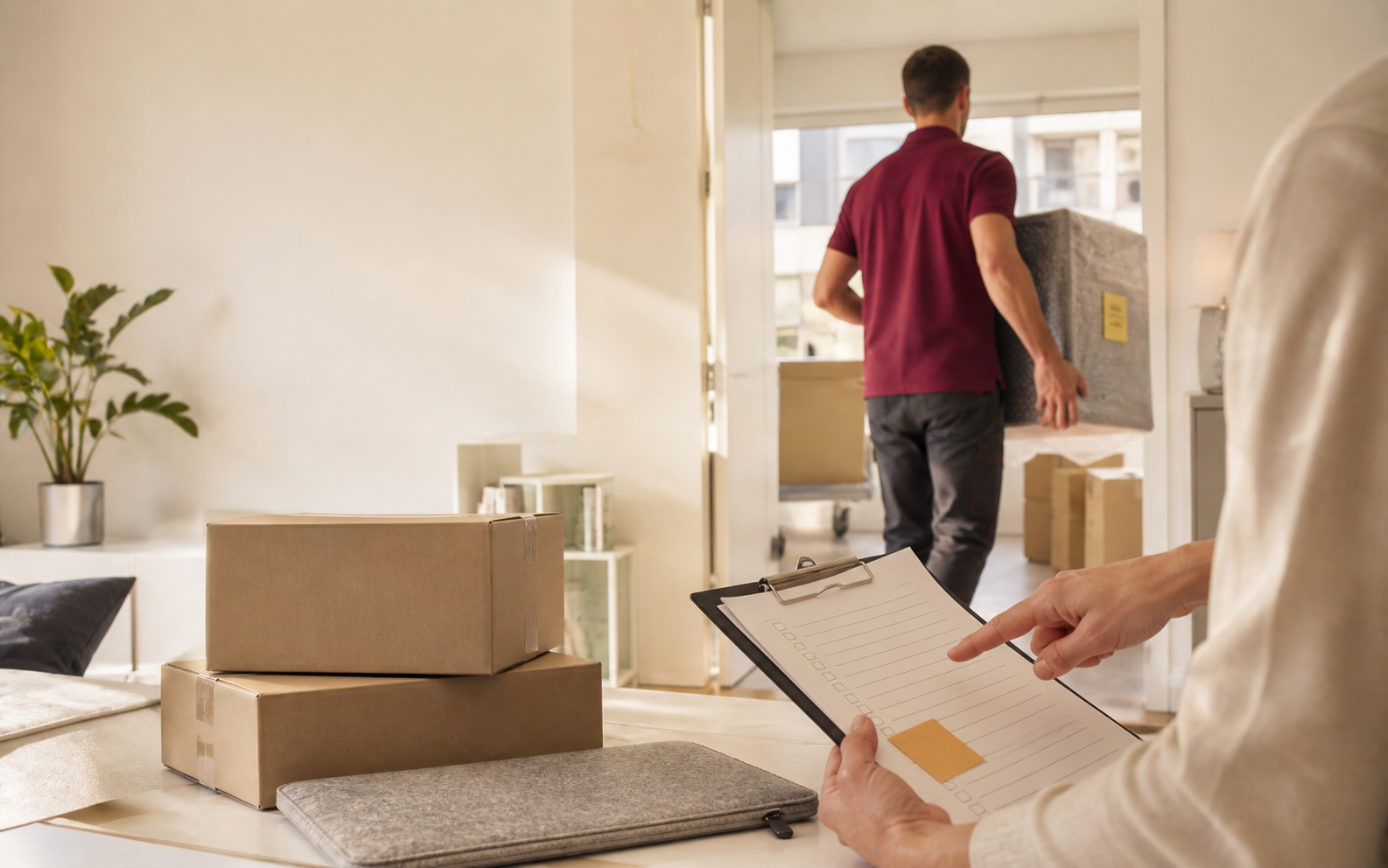 Protected office equipment is moved in an organised employee relocation.