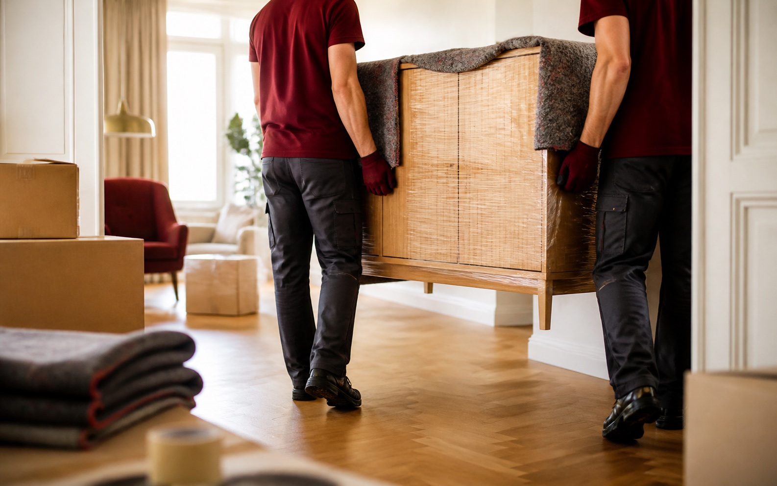 Two professional movers carry a carefully protected piece of furniture through a bright home.