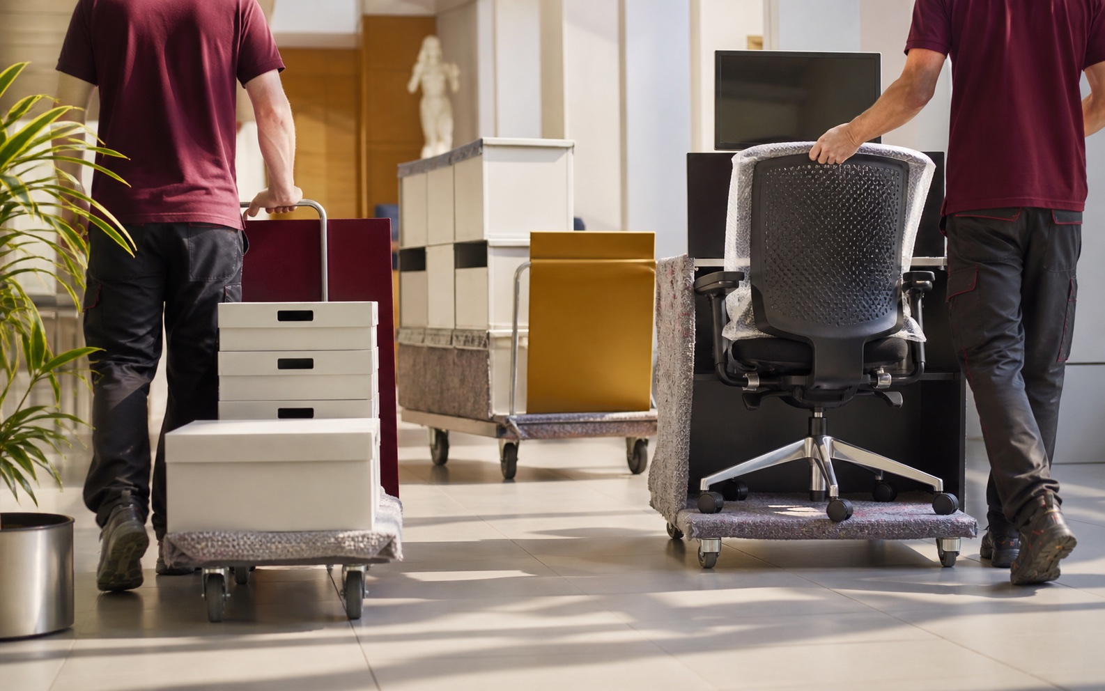 Office furniture and technical equipment are transported in an organised way for a public-sector relocation.