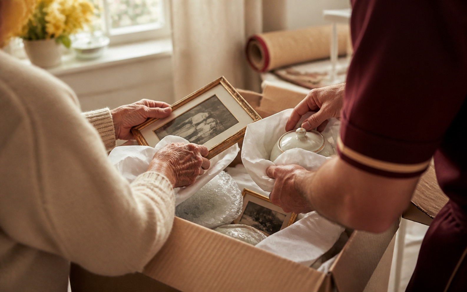 Personal keepsakes are packed carefully together during a senior move.