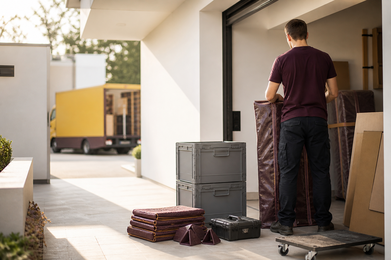 Ein Mitarbeiter von DC-Umzüge bereitet Umzugskartons, Schutzdecken und Transporthilfen in einem hellen Hauseingang vor.