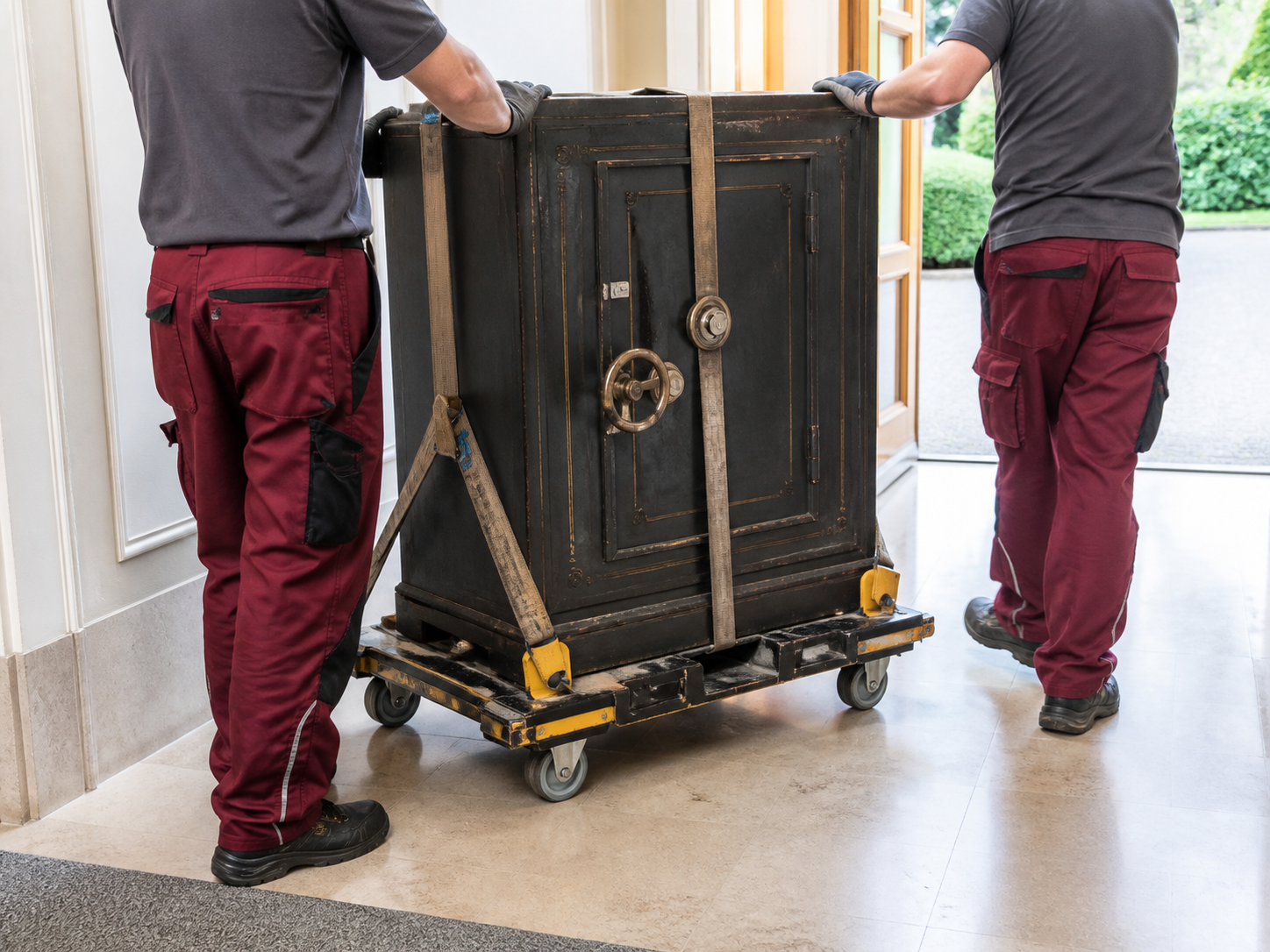 Two transport professionals secure a heavy antique safe on a handling platform.