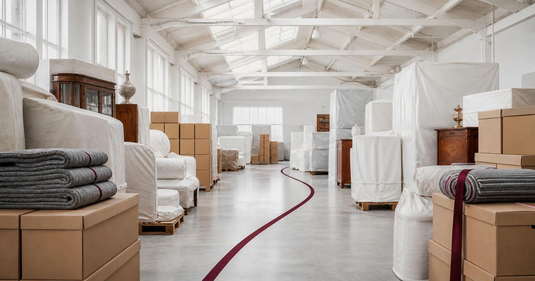 A bright storage space with protected furniture, boxes and moving blankets.